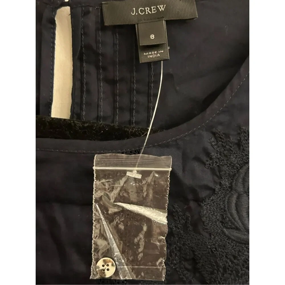 NWT J. Crew Embroidered Blouse Cotton S Navy Peasant Boho Minimalist
